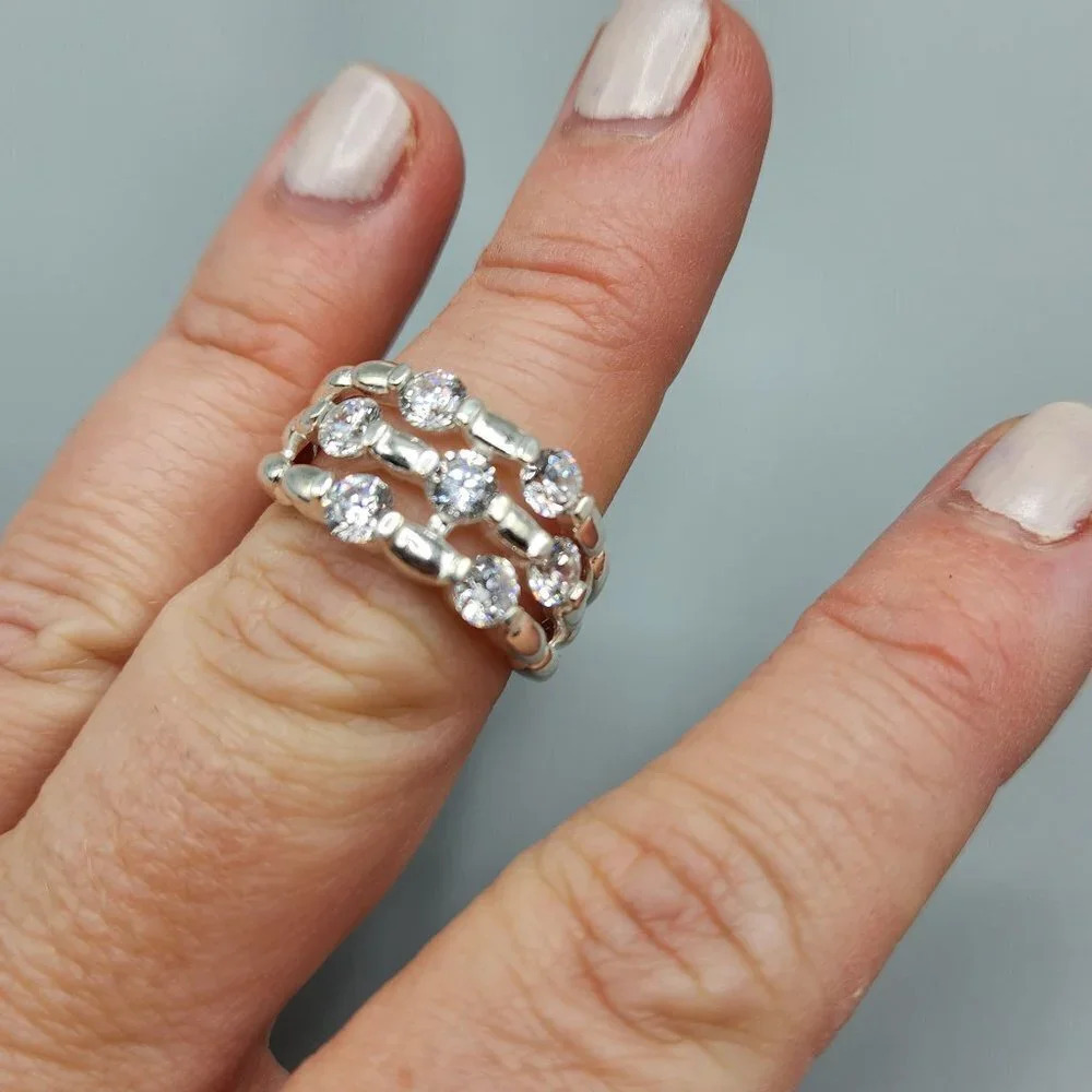 Silpada Stamped Sterling Silver & Rhinestone 3-Band Ring